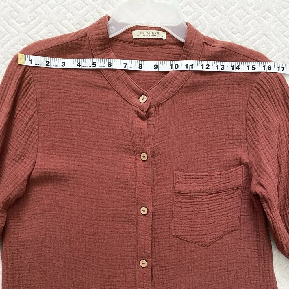 Polagram gauze cotton boho button down long sleeve tunic, sienna brown - Picture 4 of 9